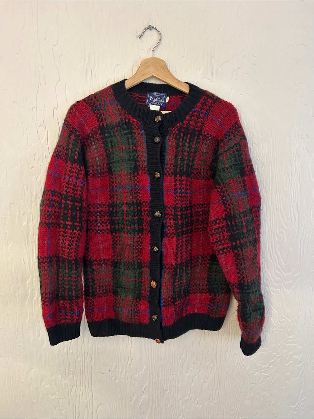 WOOLRICH Vintage Plaid Knit Cardigan 100% Wool Medium Autumn Winter 90s Holiday